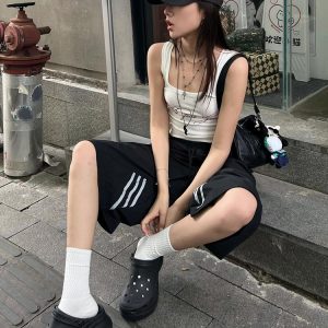 High Street Vintage Black Shorts for Women - Summer Loose Fit Three-Stripe Cropped Wide-Leg Sports Pants