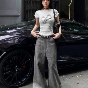 High Street Women's Summer Pleated Bow Short Sleeve Vintage Slim-Fit Top - American Style Sporty Chic Fashion