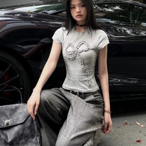 High Street Women's Summer Pleated Bow Short Sleeve Vintage Slim-Fit Top - American Style Sporty Chic Fashion