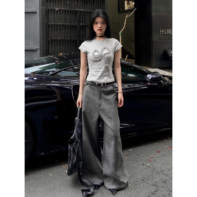 High Street Women's Summer Pleated Bow Short Sleeve Vintage Slim-Fit Top - American Style Sporty Chic Fashion