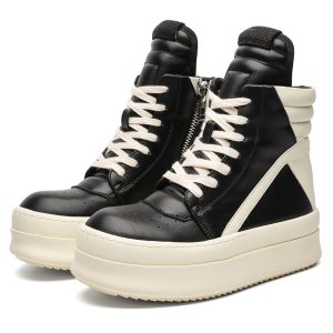 High-Top Black and White Skate Shoes for Men and Women, Trendy Platform Martin Boots, Inverted Triangle Design, Street Style