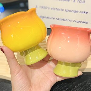 High-Value Peach Ceramic Water Cup with Spoon - Cute Girls' High-Footed Ice Cream Dessert Mug