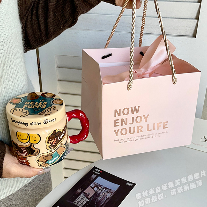 High-Value Small Dog Mug with Lid and Spoon for Office, Cute Water Cup, Oatmeal Breakfast Mug, Pet Lover Gift