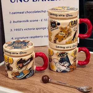 High-Value Small Dog Mug with Lid and Spoon for Office, Cute Water Cup, Oatmeal Breakfast Mug, Pet Lover Gift