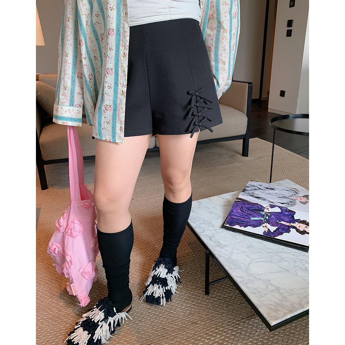 High Waist Casual Loose Black Shorts with Gold Butterfly Knot Cutout for Women - Spring/Summer 2025 Fashion Trend