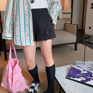 High Waist Casual Loose Black Shorts with Gold Butterfly Knot Cutout for Women - Spring/Summer 2025 Fashion Trend