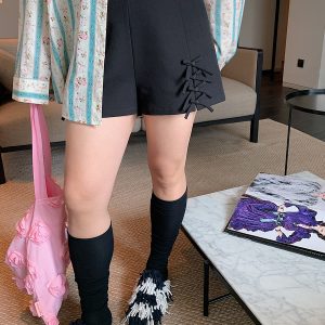 High Waist Casual Loose Black Shorts with Gold Butterfly Knot Cutout for Women - Spring/Summer 2025 Fashion Trend