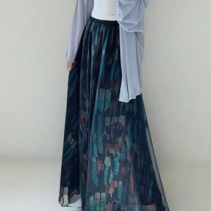 High Waist Colorful Printed Chiffon Skirt for Women - Glossy Long Hem Spring/Summer 2025 Fashion, Ground-Dragging Design