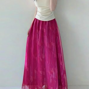 High Waist Colorful Printed Chiffon Skirt for Women - Glossy Long Hem Spring/Summer 2025 Fashion, Ground-Dragging Design