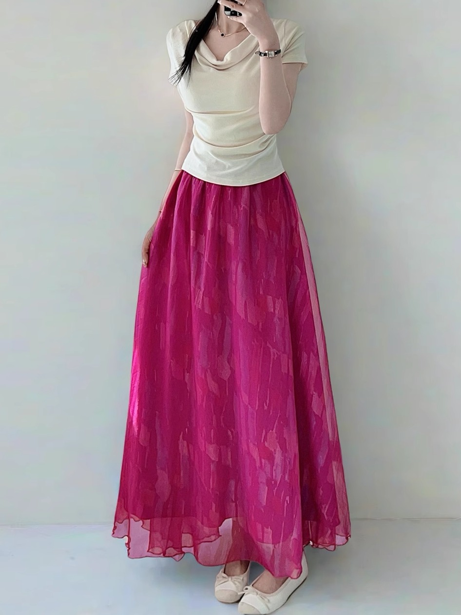 High Waist Colorful Printed Chiffon Skirt for Women - Glossy Long Hem Spring/Summer 2025 Fashion, Ground-Dragging Design High Waist Colorful Printed Chiffon Skirt for Women - Glossy Long Hem Spring/Summer 2025 Fashion, Ground-Dragging Design