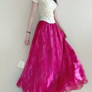 High Waist Colorful Printed Chiffon Skirt for Women - Glossy Long Hem Spring/Summer 2025 Fashion, Ground-Dragging Design