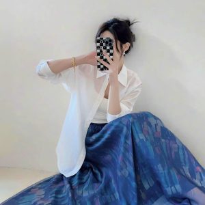 High Waist Colorful Printed Chiffon Skirt for Women - Glossy Long Hem Spring/Summer 2025 Fashion, Ground-Dragging Design