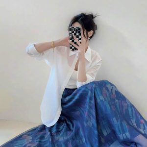 High Waist Colorful Printed Chiffon Skirt for Women - Glossy Long Hem Spring/Summer 2025 Fashion, Ground-Dragging Design