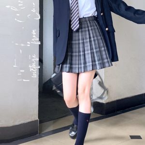 High Waist Pleated JK Plaid Skirt for Women - Cute Pudding Bear Design, Y2K Aesthetic Short Uniform Skirt