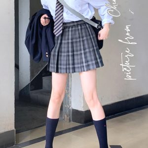 High Waist Pleated JK Plaid Skirt for Women - Cute Pudding Bear Design, Y2K Aesthetic Short Uniform Skirt