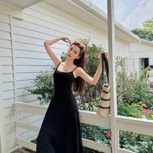 High-Waisted A-Line Long Skirt Dress - Light Fabric, Slimming Flared Design, Stretchy Fitted Spaghetti Strap, Perfect for Y2K Style