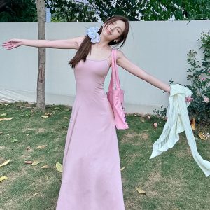 High-Waisted A-Line Long Skirt Dress - Light Fabric, Slimming Flared Design, Stretchy Fitted Spaghetti Strap, Perfect for Y2K Style