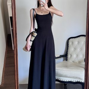 High-Waisted A-Line Long Skirt Dress - Light Fabric, Slimming Flared Design, Stretchy Fitted Spaghetti Strap, Perfect for Y2K Style