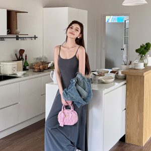 High-Waisted A-Line Long Skirt Dress - Light Fabric, Slimming Flared Design, Stretchy Fitted Spaghetti Strap, Perfect for Y2K Style