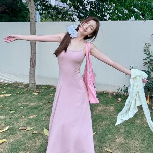 High-Waisted A-Line Long Skirt Dress - Light Fabric, Slimming Flared Design, Stretchy Fitted Spaghetti Strap, Perfect for Y2K Style