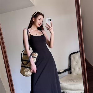 High-Waisted A-Line Long Skirt Dress - Light Fabric, Slimming Flared Design, Stretchy Fitted Spaghetti Strap, Perfect for Y2K Style