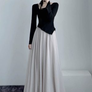 High-Waisted A-Line Long Skirt in Wrinkle-Resistant Cotton-Linen, Solid Color, Large Swing, Slimming Design for Spring & Summer