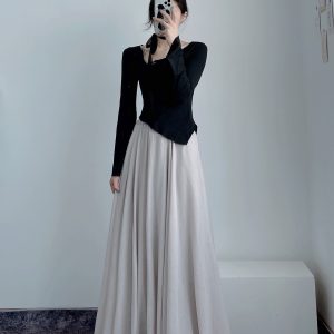 High-Waisted A-Line Long Skirt in Wrinkle-Resistant Cotton-Linen, Solid Color, Large Swing, Slimming Design for Spring & Summer