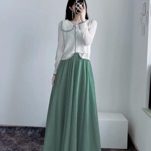 High-Waisted A-Line Long Skirt in Wrinkle-Resistant Cotton-Linen, Solid Color, Large Swing, Slimming Design for Spring & Summer