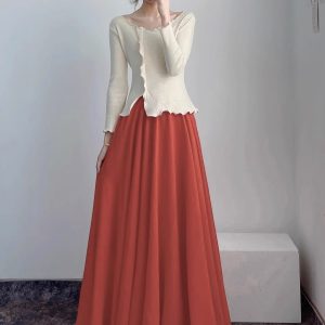 High-Waisted A-Line Long Skirt in Wrinkle-Resistant Cotton-Linen, Solid Color, Large Swing, Slimming Design for Spring & Summer