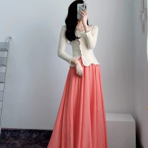 High-Waisted A-Line Long Skirt in Wrinkle-Resistant Cotton-Linen, Solid Color, Large Swing, Slimming Design for Spring & Summer