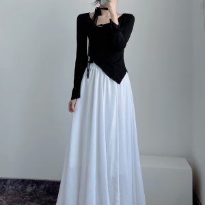 High-Waisted A-Line Long Skirt in Wrinkle-Resistant Cotton-Linen, Solid Color, Large Swing, Slimming Design for Spring & Summer