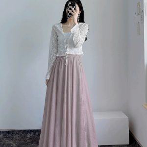 High-Waisted A-Line Long Skirt in Wrinkle-Resistant Cotton-Linen, Solid Color, Large Swing, Slimming Design for Spring & Summer
