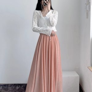 High-Waisted A-Line Long Skirt in Wrinkle-Resistant Cotton-Linen, Solid Color, Large Swing, Slimming Design for Spring & Summer