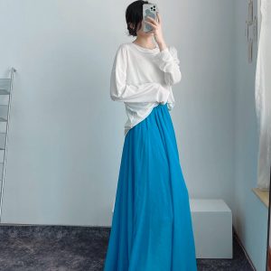High-Waisted A-Line Long Skirt in Wrinkle-Resistant Cotton-Linen, Solid Color, Large Swing, Slimming Design for Spring & Summer