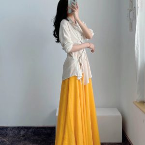 High-Waisted A-Line Long Skirt in Wrinkle-Resistant Cotton-Linen, Solid Color, Large Swing, Slimming Design for Spring & Summer