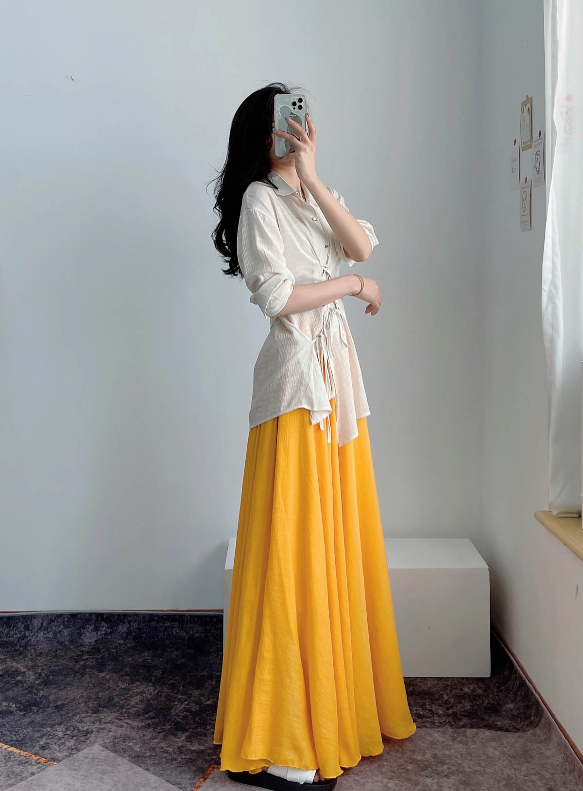 High-Waisted A-Line Long Skirt in Wrinkle-Resistant Cotton-Linen, Solid Color, Large Swing, Slimming Design for Spring & Summer High-Waisted A-Line Long Skirt in Wrinkle-Resistant Cotton-Linen, Solid Color, Large Swing, Slimming Design for Spring & Summer