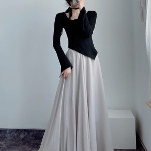 High-Waisted A-Line Long Skirt in Wrinkle-Resistant Cotton-Linen, Solid Color, Large Swing, Slimming Design for Spring & Summer