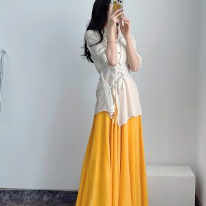 High-Waisted A-Line Long Skirt in Wrinkle-Resistant Cotton-Linen, Solid Color, Large Swing, Slimming Design for Spring & Summer