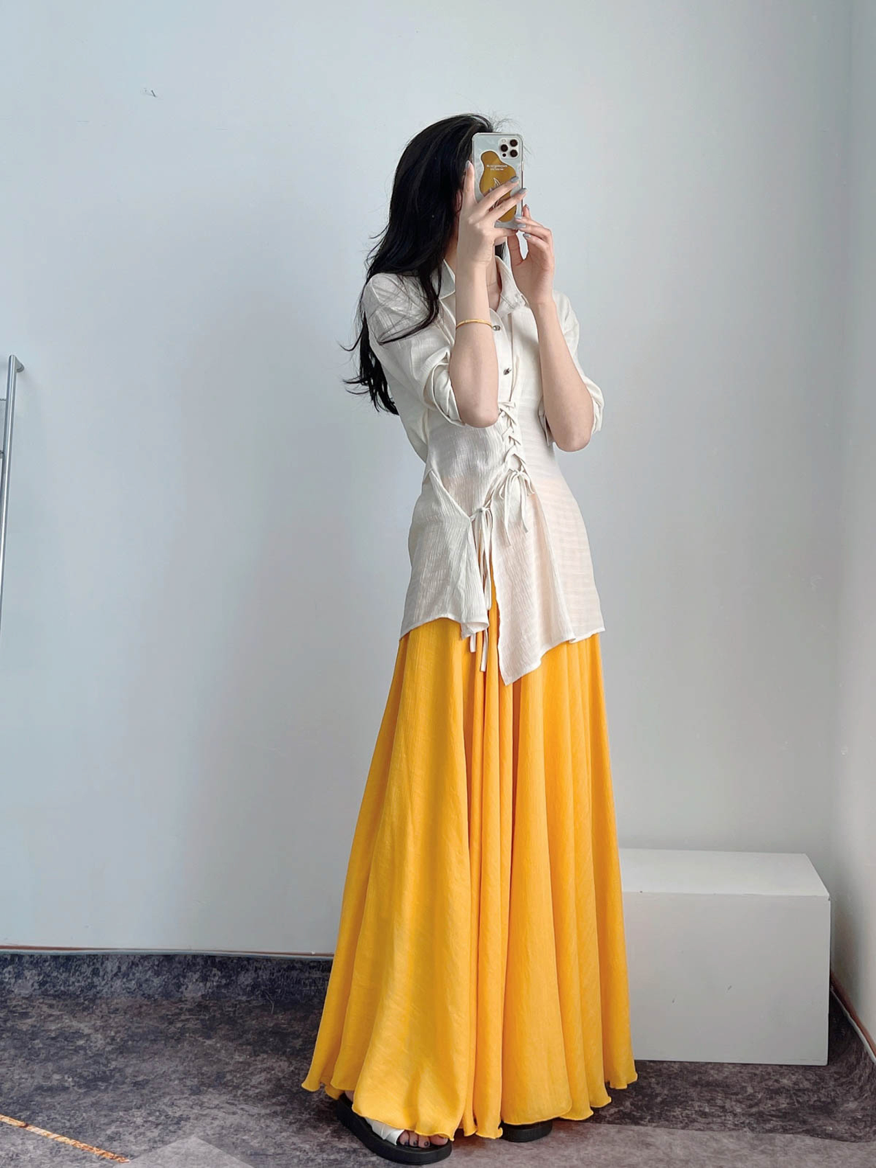 High-Waisted A-Line Long Skirt in Wrinkle-Resistant Cotton-Linen, Solid Color, Large Swing, Slimming Design for Spring & Summer High-Waisted A-Line Long Skirt in Wrinkle-Resistant Cotton-Linen, Solid Color, Large Swing, Slimming Design for Spring & Summer