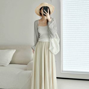High-Waisted A-Line Long Skirt in Wrinkle-Resistant Cotton-Linen, Solid Color, Large Swing, Slimming Design for Spring & Summer