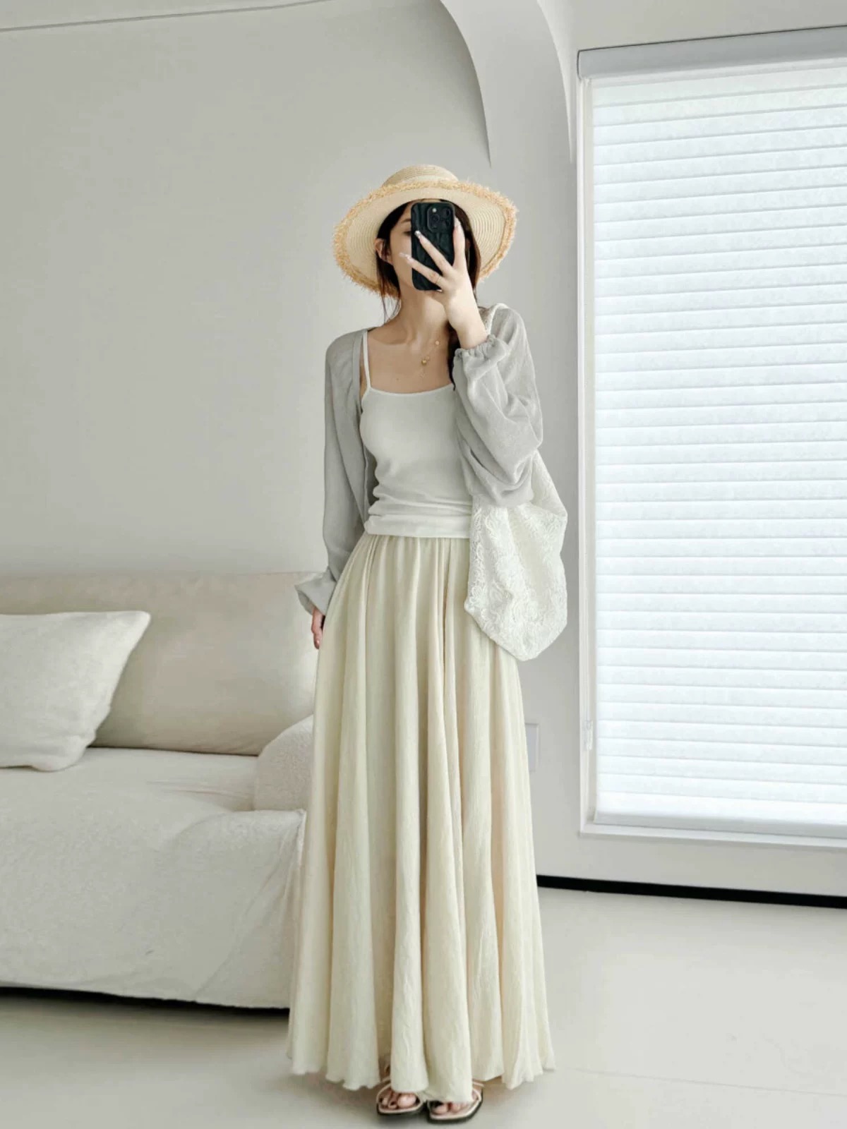High-Waisted A-Line Long Skirt in Wrinkle-Resistant Cotton-Linen, Solid Color, Large Swing, Slimming Design for Spring & Summer High-Waisted A-Line Long Skirt in Wrinkle-Resistant Cotton-Linen, Solid Color, Large Swing, Slimming Design for Spring & Summer