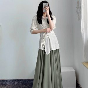 High-Waisted A-Line Long Skirt in Wrinkle-Resistant Cotton-Linen, Solid Color, Large Swing, Slimming Design for Spring & Summer
