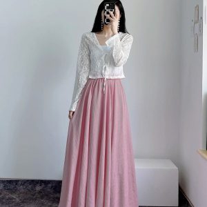 High-Waisted A-Line Long Skirt in Wrinkle-Resistant Cotton-Linen, Solid Color, Large Swing, Slimming Design for Spring & Summer