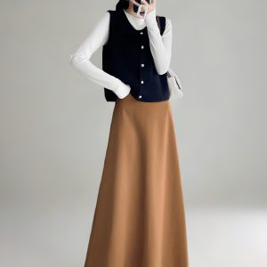 High-Waisted A-Line Long Skirt with Elastic Waist, Loose Fit, Zipper - Versatile Casual Floor-Length Skirt for Spring and Summer