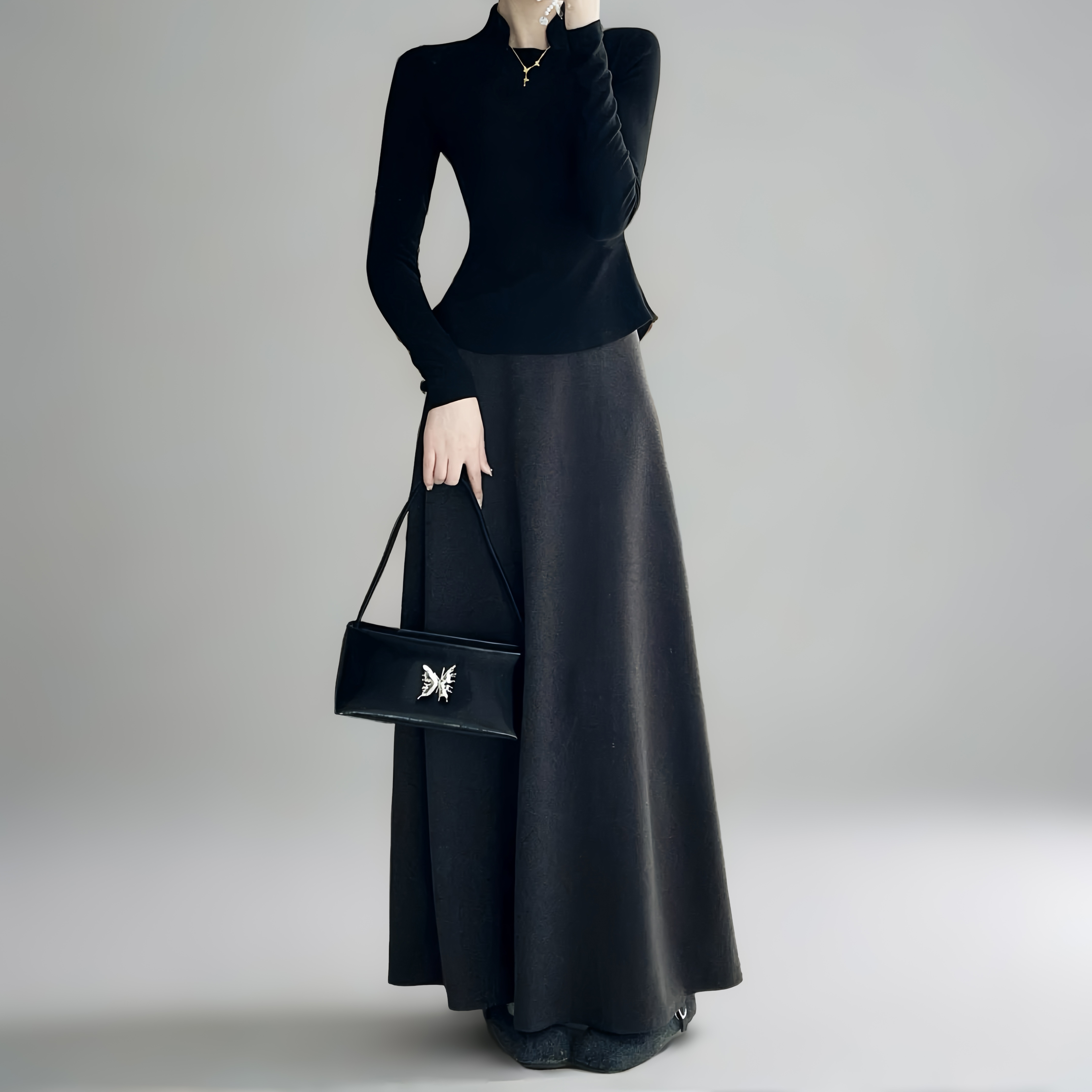 High-Waisted A-Line Long Skirt with Elastic Waist, Loose Fit, Zipper - Versatile Casual Floor-Length Skirt for Spring and Summer