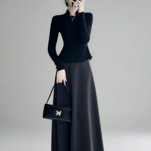 High-Waisted A-Line Long Skirt with Elastic Waist, Loose Fit, Zipper - Versatile Casual Floor-Length Skirt for Spring and Summer