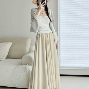 High-Waisted A-Line Midi Skirt in Gentle Apricot - Wrinkle-Resistant Cotton-Linen, Vintage Spring Style, Flattering Ankle-Length Design