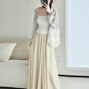 High-Waisted A-Line Midi Skirt in Gentle Apricot - Wrinkle-Resistant Cotton-Linen, Vintage Spring Style, Flattering Ankle-Length Design