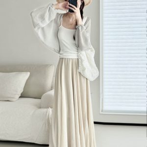 High-Waisted A-Line Midi Skirt in Gentle Apricot - Wrinkle-Resistant Cotton-Linen, Vintage Spring Style, Flattering Ankle-Length Design