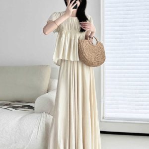 High-Waisted A-Line Midi Skirt in Gentle Apricot - Wrinkle-Resistant Cotton-Linen, Vintage Spring Style, Flattering Ankle-Length Design